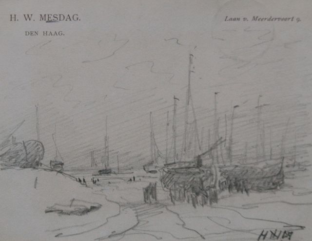 Hendrik Willem Mesdag | Fishermen and barges on the beach, Bleistift auf Papier, 8,7 x 11,2 cm, signed l.r. with initials