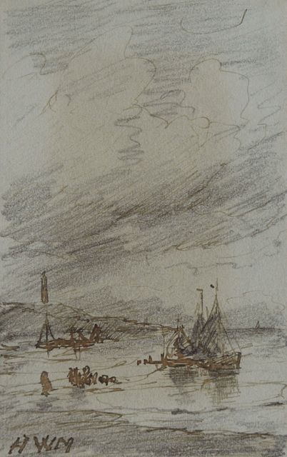 Hendrik Willem Mesdag | Fishing boats near the Scheveningen lighthouse, Bleistift, Feder in brauner Tinte auf Papier, 10,1 x 6,4 cm, signed l.l. with initials