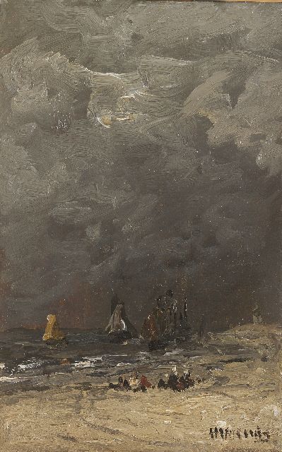 Hendrik Willem Mesdag | Awaiting the return of the fishing fleet, Öl auf Tafel, 24,7 x 15,7 cm, signed l.r.