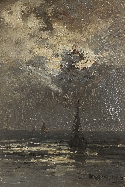 Hendrik Willem Mesdag | Fishing boats in a calm by moonlight, Öl auf Tafel, 35,0 x 23,5 cm, signed l.r. und painted ca. 1895