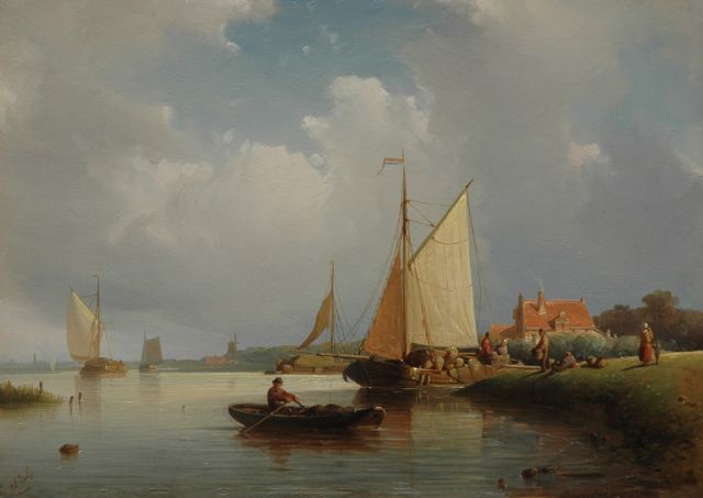 Johan Rust | Ships passing through calm waters, Öl auf Tafel, 20,2 x 28,4 cm, signed l.l.