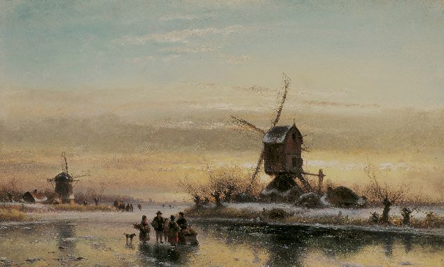 Lodewijk Johannes Kleijn | Brennholzsammler und Schlittschuhläufer auf dem Eis bei einer Mühle, Öl auf Holz, 33,7 x 52,1 cm, Unterzeichnet l.u.