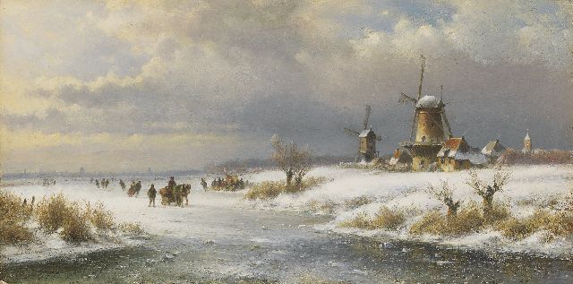 Lodewijk Johannes Kleijn | A winter landscape with skaters and a sledge, Öl auf Holz, 26,6 x 52,8 cm, signed l.l.