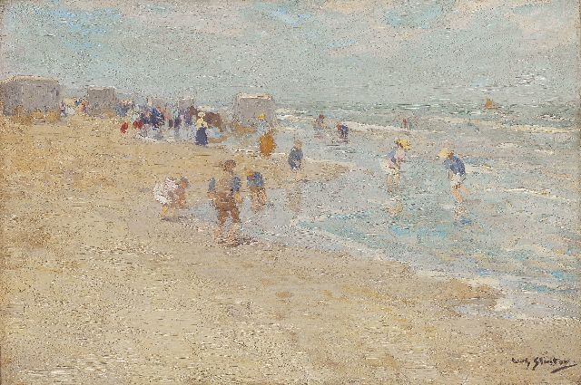 Willy Sluiter | Paddling on the beach of Scheveningen, Öl auf Leinwand, 30,9 x 45,9 cm, signed l.r.