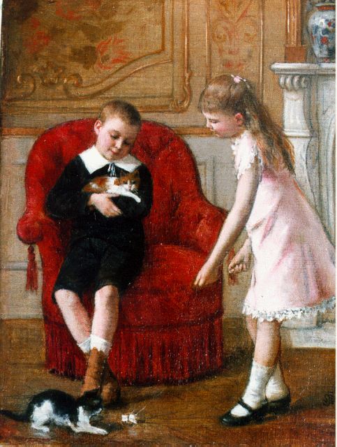 Albert Roosenboom | Playing with the kittens, Öl auf Leinwand, 24,2 x 18,4 cm, signed l.r. with monogram und dated '86
