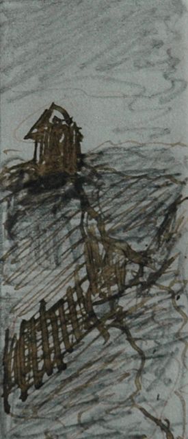 Hendrik Willem Mesdag | Observation post in the dunes, Bleistift, Feder in schwarzer Tinte auf Papier, 6,3 x 2,4 cm