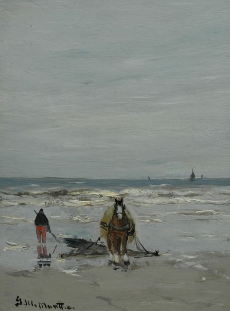Munthe G.A.L.  | Shell fisherman with horse and drag-net, Öl auf Malereifaser 20,0 x 14,9 cm, signed l.l. und painted 1925