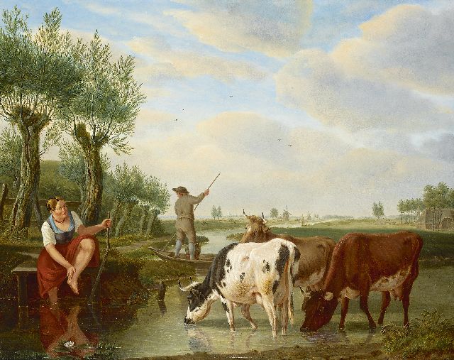 Kuytenbrouwer M.A.  | Fährmann und trinkendes Vieh in holländischer Flusslandschaft, Öl auf Holz 38,8 x 47,3 cm, Unterzeichnet r.u.