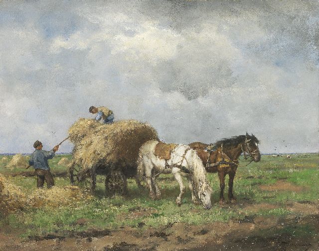 Johan Frederik Cornelis Scherrewitz | Harvesting the hay, Öl auf Leinwand, 40,6 x 50,5 cm, signed l.r.