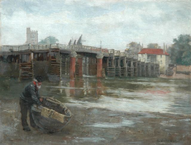 Alfred Johnson | The old bridge, Putney, Öl auf Leinwand auf Holz, 26,4 x 34,3 cm, signed l.r.