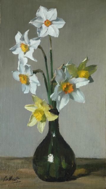Chris van der Windt | Yellow and white daffodils in a vase, Öl auf Leinwand auf Holz, 41,9 x 24,2 cm, signed l.l.