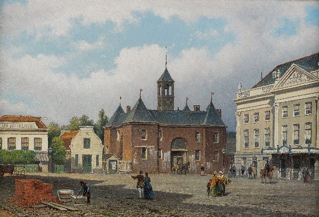 Eduard Alexander Hilverdink | The Leidse Plein, Amsterdam, with the Leidsche Poort and the former Stadsschouwburg, Öl auf Holz, 21,7 x 32,5 cm, signed l.r. und dated 1876