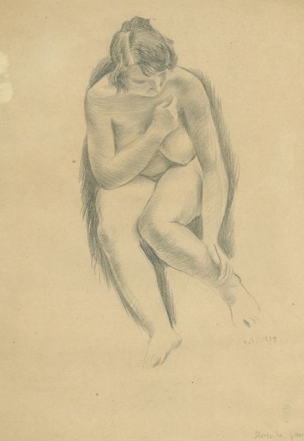 Sychra V.  | Weiblicher sitzender Akt, Zeichnung auf Papier 29,2 x 21,3 cm, Unterzeichnet r.u. mit Initialen und datiert 1925