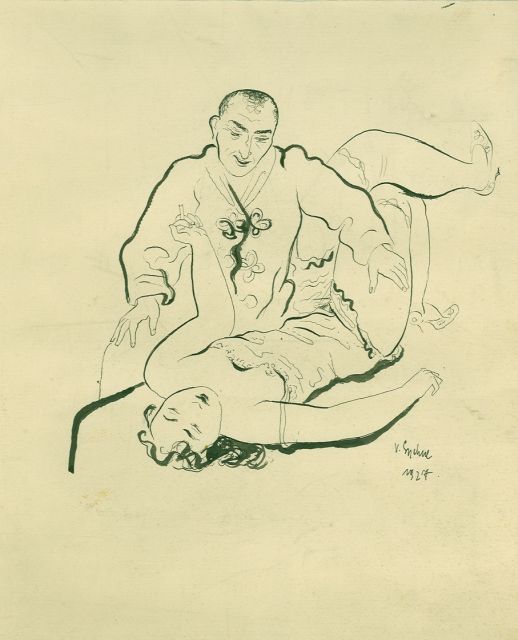 Sychra V.  | Schmusendes Paar, Feder und Tinte auf Papier 25,0 x 23,6 cm, Unterzeichnet r.u. und datiert 1927