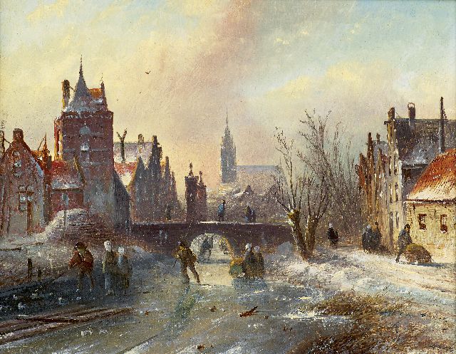 Jacob Jan Coenraad Spohler | Skaters on a canal in winter, Öl auf Holz, 16,0 x 21,0 cm, signed l.r.