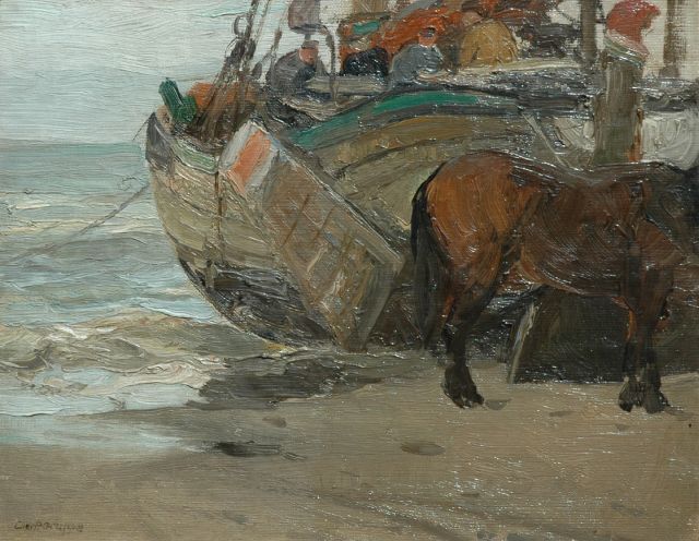 Gruppe C.P.  | A fishingbarge on the beach, Öl auf Leinwand Malereifaser 25,3 x 32,1 cm, signed l.l.