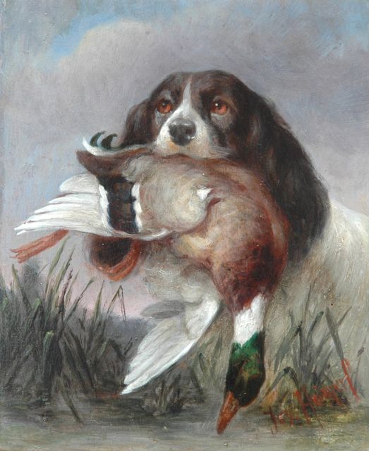 Heimerl J.  | An English Springer Spaniel with its catch, Öl auf Holz 15,9 x 13,0 cm, signed l.r.