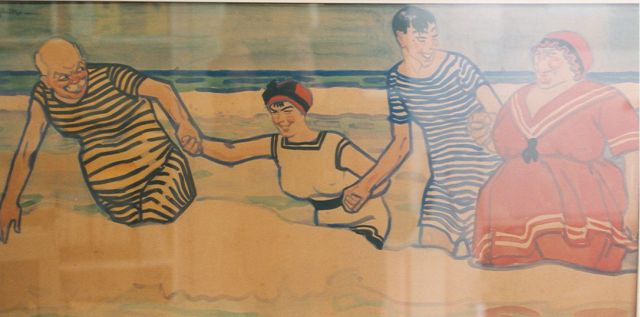 Sluiter J.W.  | A family in the surf, Aquarell auf Papier 42,5 x 85,5 cm, signed u.l.