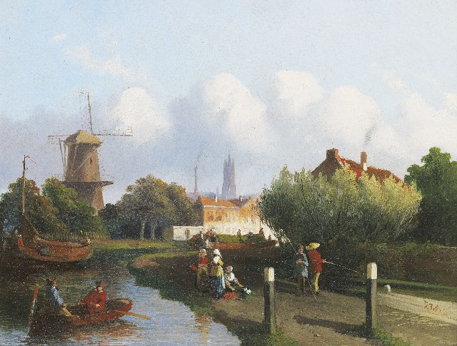 Joseph Bles | Figures along a Dutch canal, Öl auf Holz, 20,7 x 26,1 cm, signed l.r.