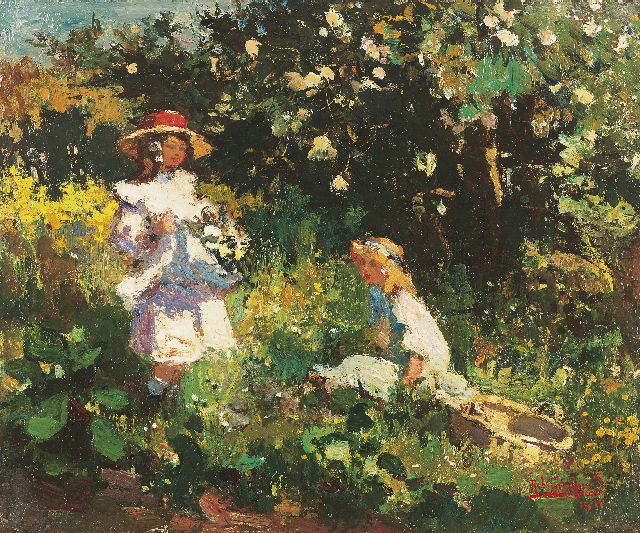 Rob Graafland | Picking flowers, Öl auf Holz, 28,2 x 33,6 cm, signed l.r. und dated 1911