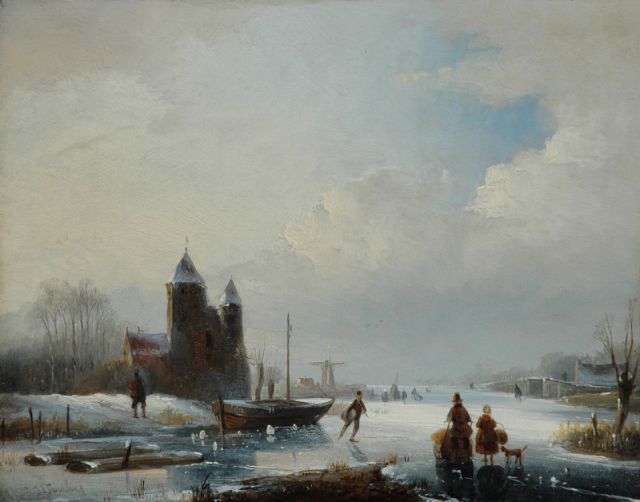 Spohler J.J.  | A winter landscape with skaters, Öl auf Holz 20,5 x 26,2 cm, signed l.l.