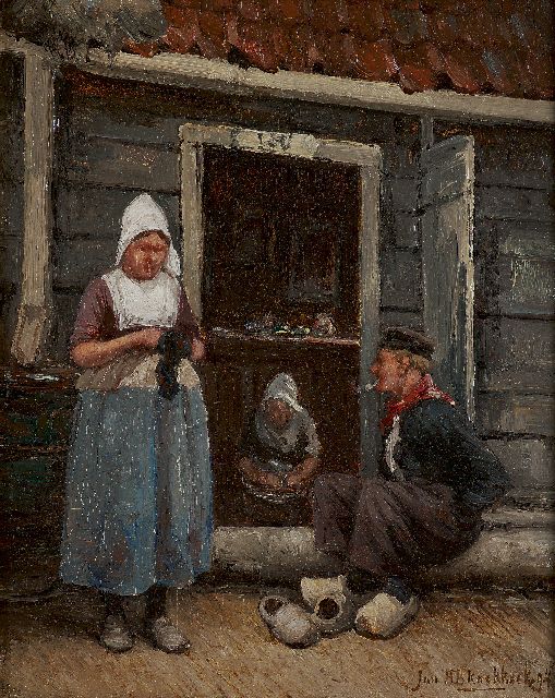 Jan H.B. Koekkoek | Schwätzchen an der Haustür, Volendam, Öl auf Holz, 25,2 x 19,7 cm, Unterzeichnet r.u. und datiert '94