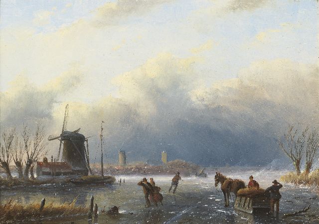Spohler J.J.C.  | A winter landscape with skaters and a horse-drawn sledge, Öl auf Holz 15,4 x 21,1 cm