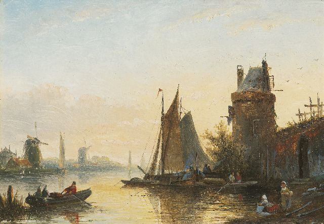 Jacob Jan Coenraad Spohler | Shipping on a river, Öl auf Holz, 15,4 x 21,0 cm