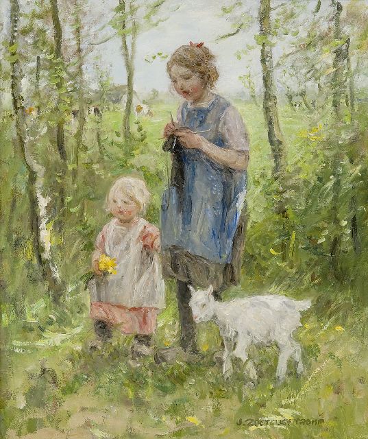 Jan Zoetelief Tromp | Auf dem Heimweg nach Blaricum, zwei Kinder mit Ziege, Öl auf Leinwand, 59,7 x 50,0 cm, Unterzeichnet r.u.