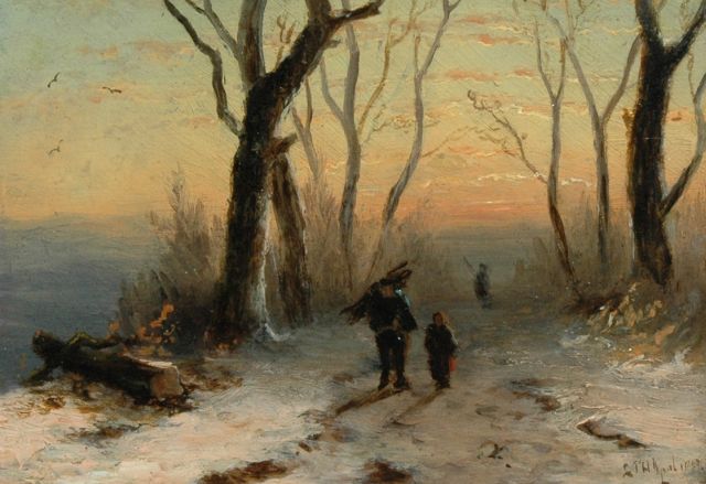 Louis Apol | Figures on a wintry country lane at sunset, Öl auf Holz, 11,1 x 15,4 cm, Unterzeichnet r.u. und datiert 1867