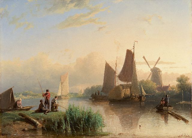 Johan Rust | River landscape with anglers, Öl auf Tafel, 24,2 x 33,5 cm, signed l.r.