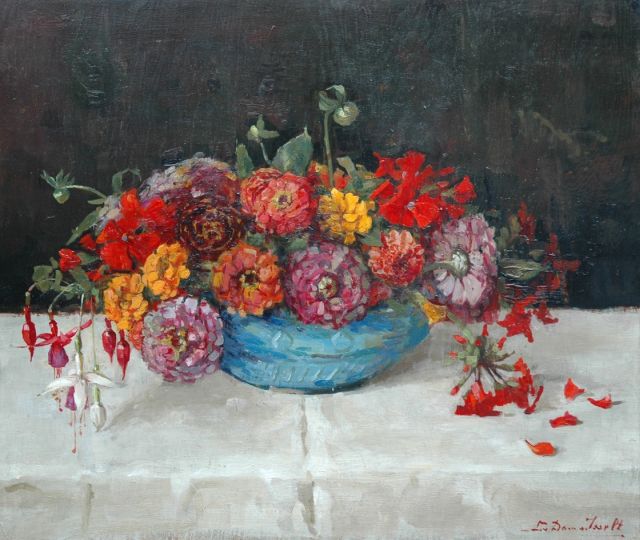 Lucie van Dam van Isselt | Still life with zinnia and fuchsia, Öl auf Holz, 46,8 x 55,6 cm, signed l.r.