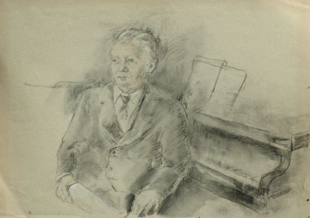 Neuburger E.  | Willem Andriessen, seated by a grand piano, Holzkohle und Kreide auf gefärbtem Papier 42,6 x 60,4 cm