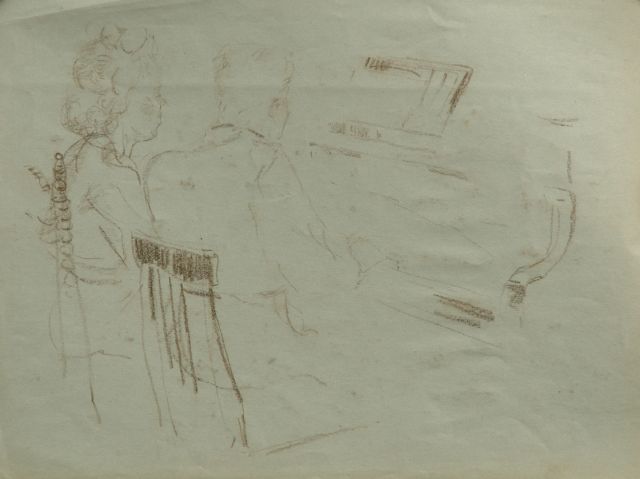 Neuburger E.  | Quatre-mains, a sketch, Schwarze Kreide auf Farbpapier 27,8 x 37,4 cm