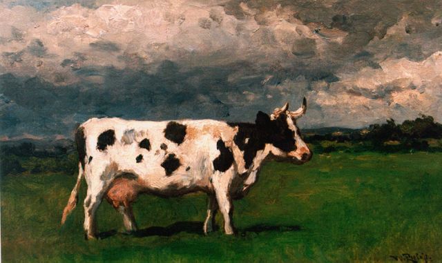 Willem Roelofs | A cow, Öl auf Leinwand auf Tafel, 26,7 x 44,0 cm, signed l.r.