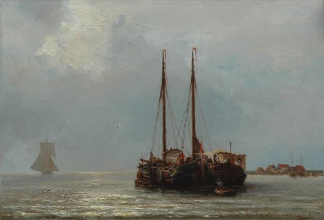 Jacob Eduard van Heemskerck van Beest | Anchored sailing vessels in a calm, Öl auf Holz, 34,3 x 50,1 cm, signed l.r.