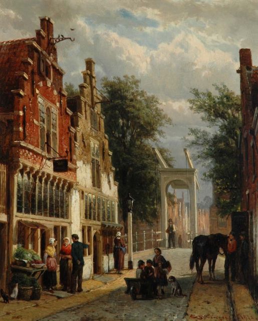 Cornelis Springer | Dutch sunny street scene in Alkmaar, Öl auf Tafel, 30,1 x 24,7 cm, signed l.r. and verso und dated 1872