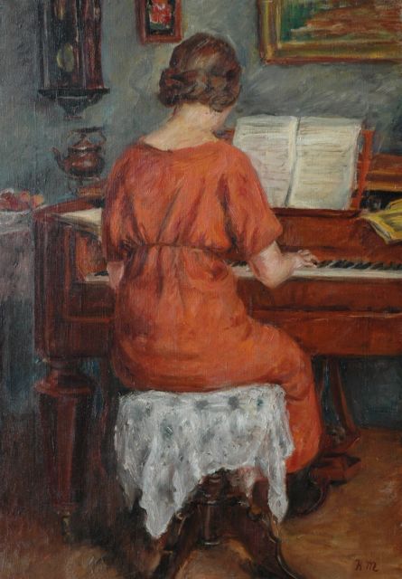 Mirtschin K.  | Playing the piano, Öl auf Leinwand 64,0 x 45,2 cm, signed l.r. with monogram