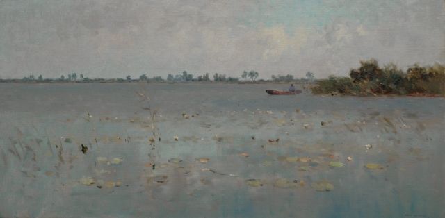 Aris Knikker | Man in a boat on a lake, Öl auf Leinwand, 40,5 x 80,4 cm, signed l.r.