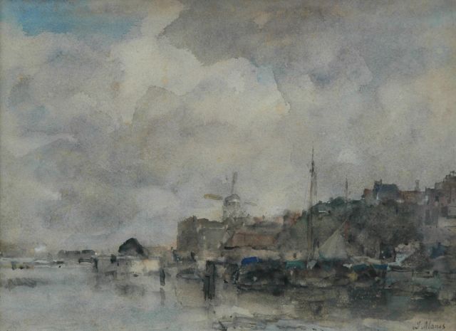 Jacob Maris | View of a Dutch harbour, Aquarell auf Papier, 28,5 x 38,6 cm, signed l.r.