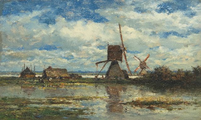 Willem Roelofs | Landschaft mit zwei Mühlen im Polder Stolwijk (bei Gouda), Öl auf Tafel, 14,8 x 24,0 cm, Unterzeichnet u.l. und zu datieren um 1872-1875