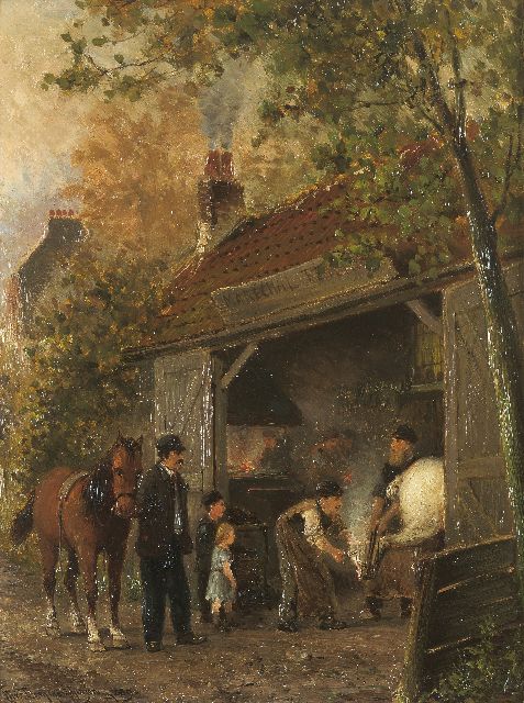 Christiaan Dommelshuizen | At the blacksmith, Öl auf Holz, 34,9 x 26,4 cm, signed l.l. und dated 1889