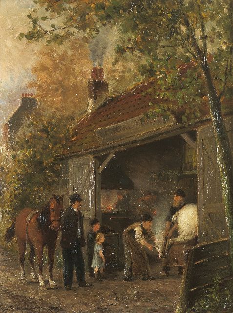 Christiaan Dommelshuizen | At the blacksmith, Öl auf Holz, 34,9 x 26,4 cm, signed l.l. und dated 1889