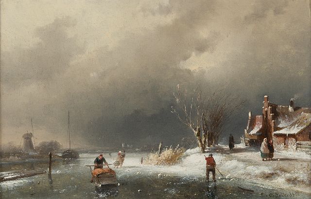 Charles Leickert | Winterlandschaft mit Schlittschuhläufern bei aufkommendem Sturm, Öl auf Tafel, 18,5 x 28,1 cm, Unterzeichnet r.u. und daatiert '61