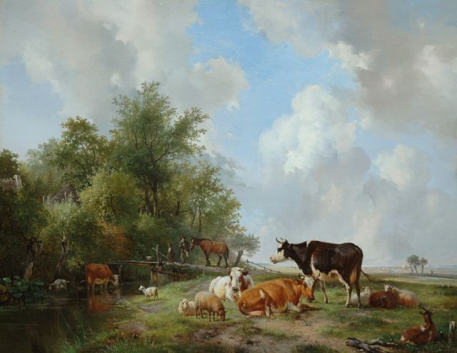 Hendrikus van de Sande Bakhuyzen | Cattle on the edge of a forest in an extensive sunlit landscape, Öl auf Holz, 59,9 x 77,8 cm, signed l.r. und dated 1838