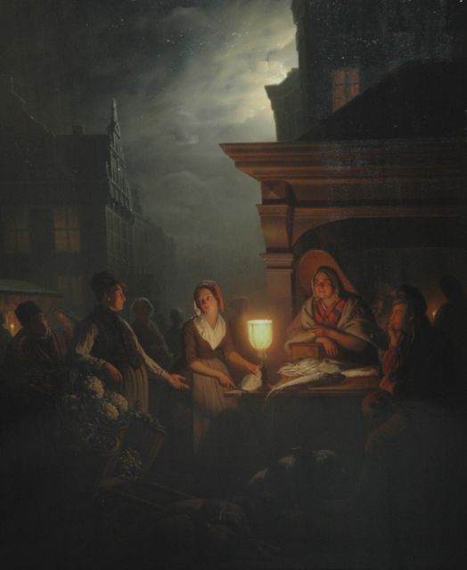Petrus van Schendel | The fismarket at night, Öl auf Holz, 84,3 x 69,4 cm, signed l.r.