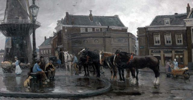 August van Voorden | View of the Oostplein with windmill 'De Noord', Rotterdam, Öl auf Leinwand, 75,3 x 140,8 cm, signed l.l. und dated 1905