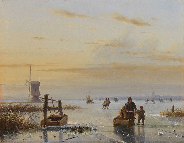 Nicolaas Roosenboom | Skaters on a frozen river, Öl auf Holz, 32,9 x 42,5 cm, signed l.r.