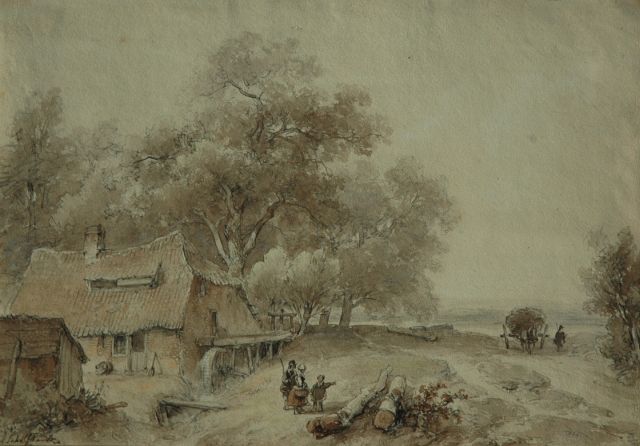Andreas Schelfhout | Landscape with figures near a watermill, Feder, Tinte und Aquarell auf Papier, 25,4 x 36,5 cm, signed l.l.