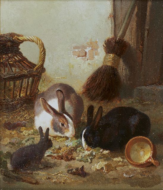 Gerardus Johannes Bos | Rabbits, Öl auf Holz, 20,8 x 17,6 cm, signed r.c. und dated 1866